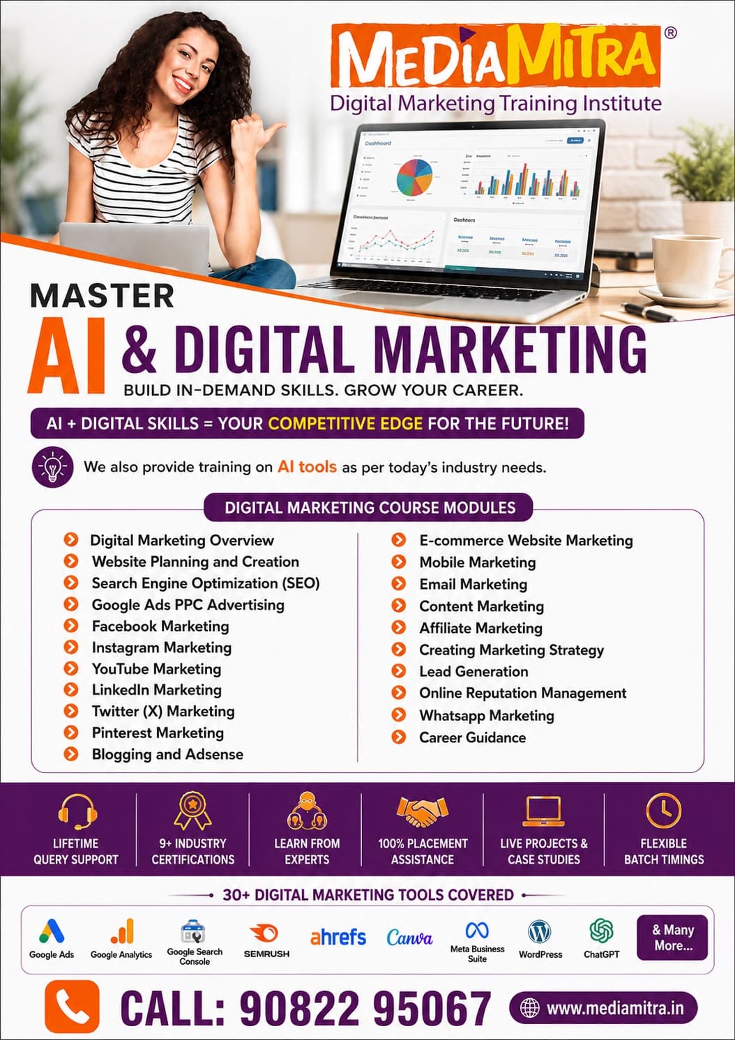MediaMitra Master AI & Digital Marketing course brochure listing the course modules, tools covered and contact details